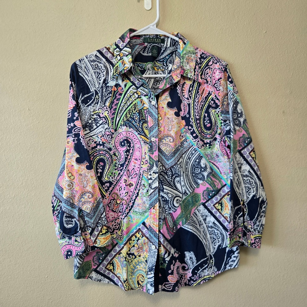 Lauren Ralph Lauren Womens Cotton Paisley Patchwork Button Down Shirt Navy L